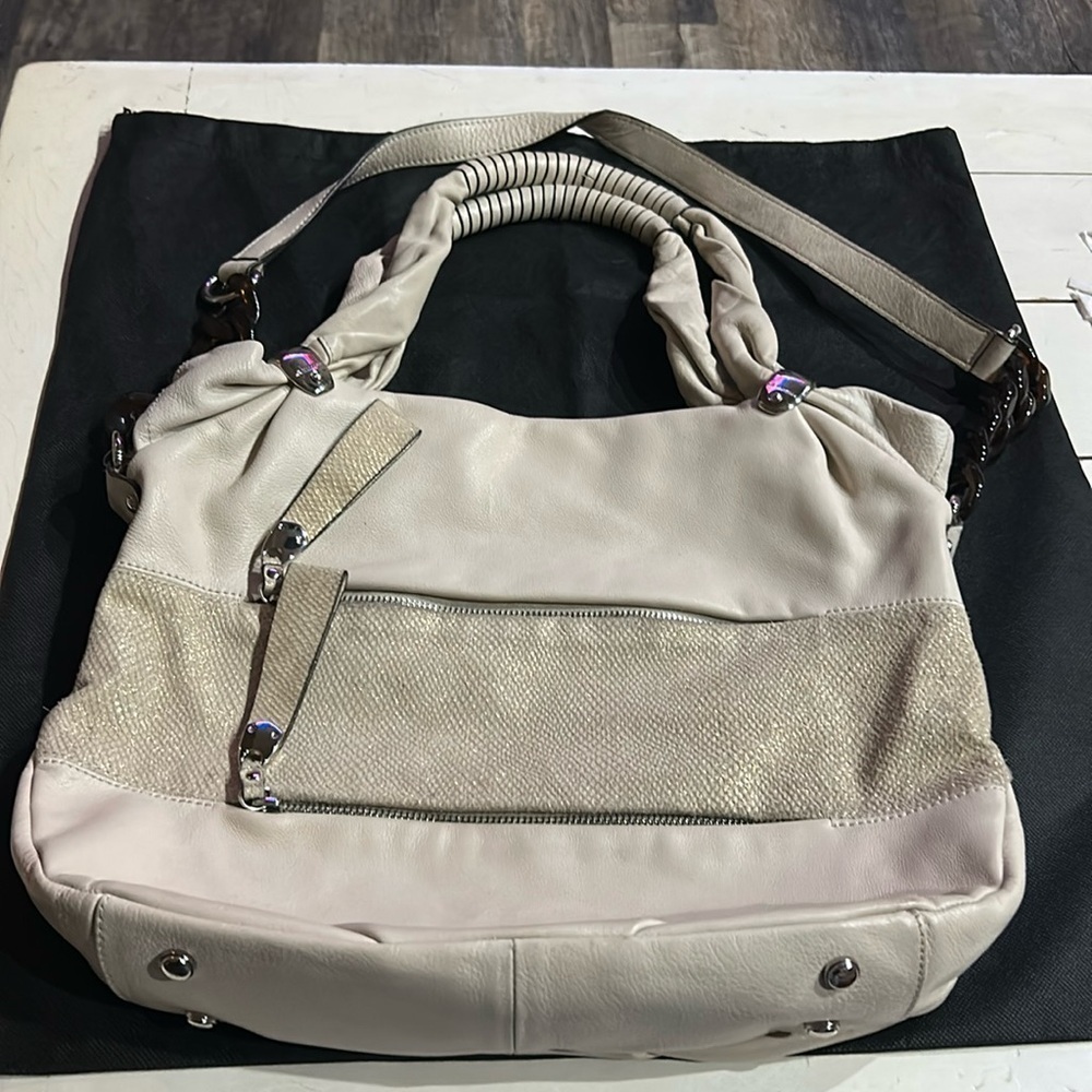B. Makowsky Beige Suede and Leather Shoulder Bag